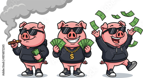Funny cartoon pig characters showing wealth lifestyle with sunglasses, cash, cigars, and gold chains, perfect for humor illustrations, money concepts, mascots, and modern pop art designs