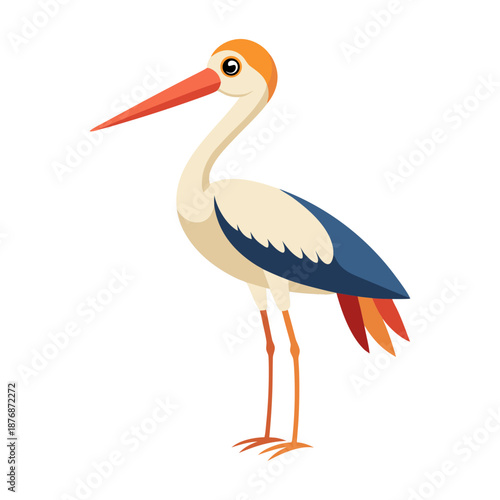 A white stork with a long red beak stands gracefully against a clean white background
