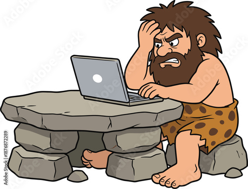 Angry caveman cartoon illustration using a laptop at a stone desk, symbolizing technology frustration, ancient meets modern humor, work stress concept, and creative parody artwork