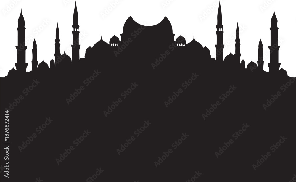 Fototapeta premium Black silhouette of a grand mosque with minarets against a white background