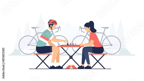 Cyclists Relaxing With Chess Match In The Park After Cycling Adventure