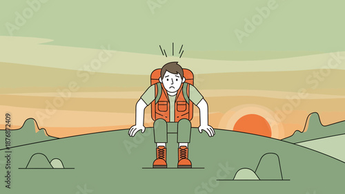 Disoriented Hiker On Hilltop Overwhelmed By Nature And Facing A Challenge At Sunset