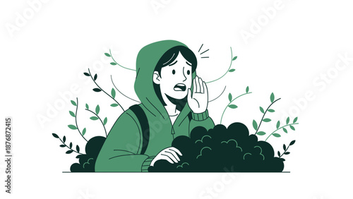 Distressed Young Person Shouting Outdoors Illustration With Foliage Decorative Elements
