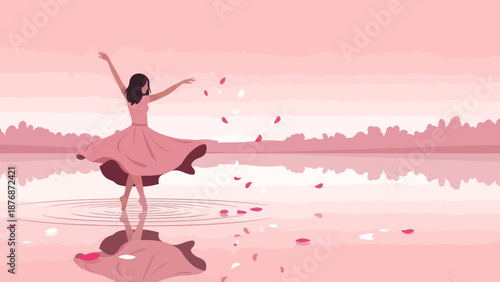 Dancing Elegance By Lakeside In A Pinkish Hue Illustration For Serenity