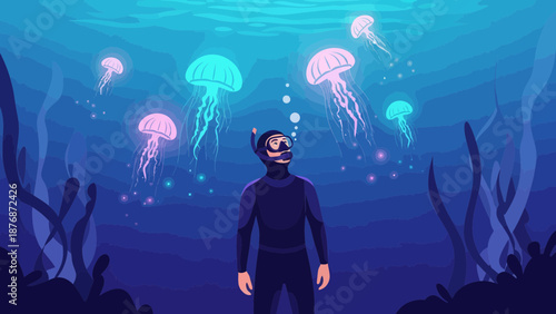Diver Explores Ocean Depth with Glowing Jellyfish Encounter Vector Illustration