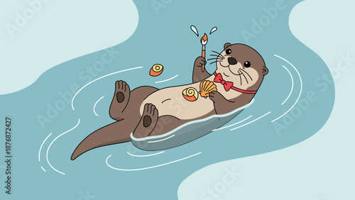 Dapper Otter Floating Happily Painting Seashells In Peaceful Waters Illustration