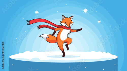 Dancing Fox Character Enjoying Winter With Red Scarf On Blue Background And Snow