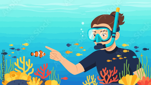 Diver Explores The Underwater World With Clownfish And Various Marine Animals