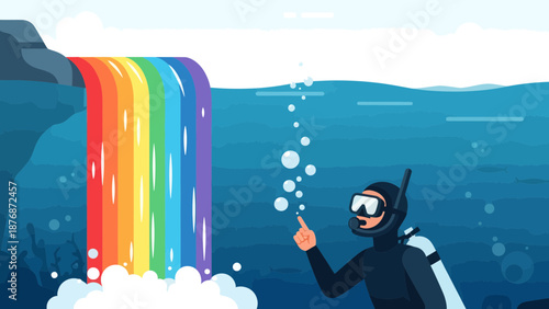 Diver Exploring Underwater Rainbow Waterfall In Blue Ocean Depths