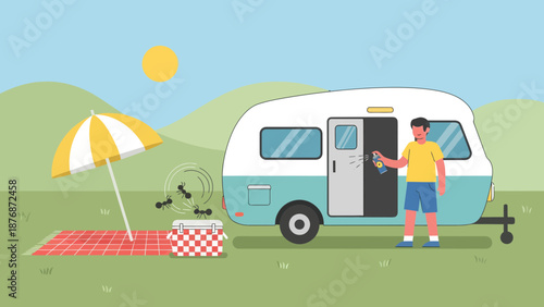 Dealing With Pesky Ants During a Campground Picnic By a Classic Caravan