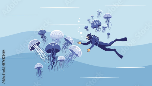 Diver Exploring Deep Ocean Interacting With Jellyfish Group In A Peaceful Underwater Scene