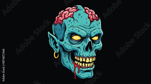 Creepy zombie skull illustration with exposed brain, glowing eyes, and dripping blood, perfect for horror posters, dark fantasy artwork, and Halloween graphic design projects