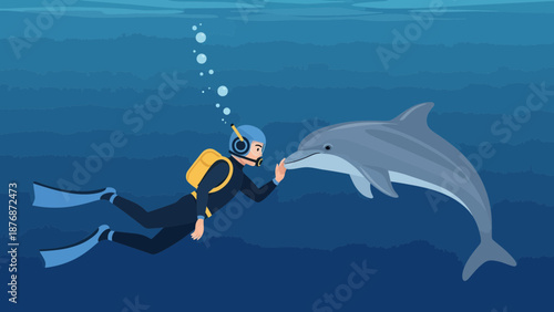 Diver Interacting With a Dolphin In Underwater Adventure And Marine Life