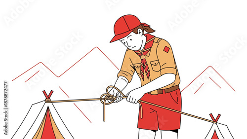 Dedicated Boy Scout Tying Tent Line Outdoors In Nature Adventure Camping Trip