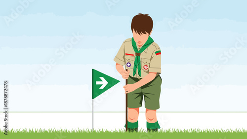 Dedicated Boy Scout Puts Up Directional Marker In A Field Under Blue Skies