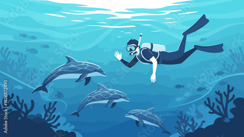 Diver Meets Friendly Dolphins Undersea Adventure With Aquatic Marine Life