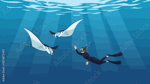 Diver Observes Majestic Manta Rays Gracefully Gliding Through Sunlight Streaked Ocean Depths