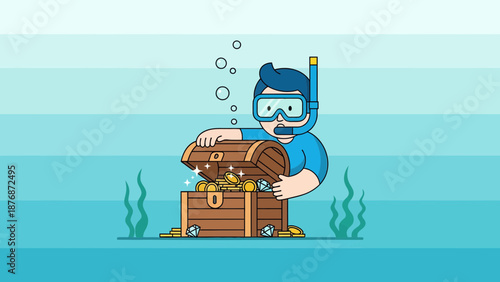 Diver Finds Old Treasure Chest With Shiny Gold Coins And Sparkling Diamonds Underwater