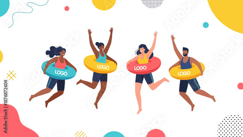 Diverse Friends Enjoying Summer With Inflatable Rings On A Colorful Abstract Background