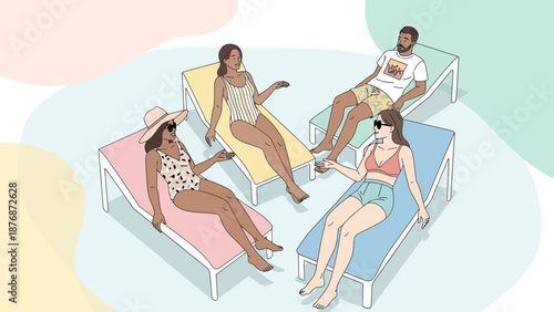Diverse Friends Enjoying Sunny Weather on Resort Lounges Relaxing Together