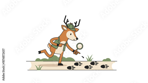 Deer Detective Pursues Footprints Clues With Magnifying Glass And Detective Hat