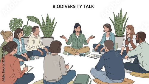 Diverse Group Engaged In Environmental Discussion Around Plants in Natural Environment