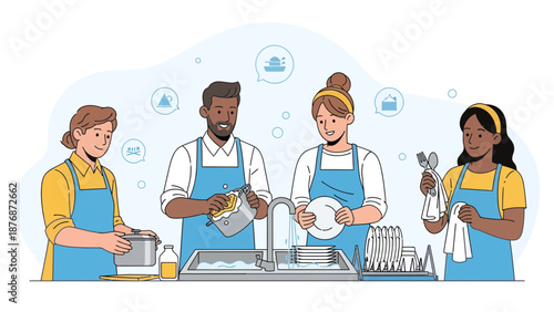Diverse Group Engaged In Shared Housework And Cleaning Of Dishes At Home