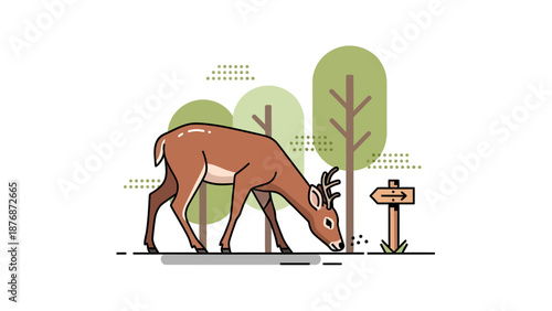 Deer Grazing In Minimalist Forest Next To Wooden Direction Sign Graphic