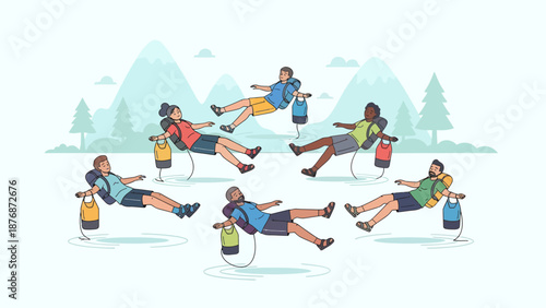 Diverse Group Of Hikers Enjoying Serene Mountain Lake Rest With Packs Floating