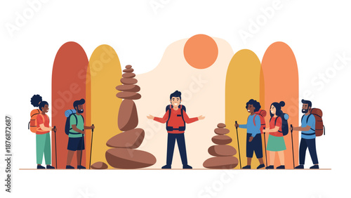 Diverse Group Of Hikers Pausing Along Mountain Trail With Stone Cairns