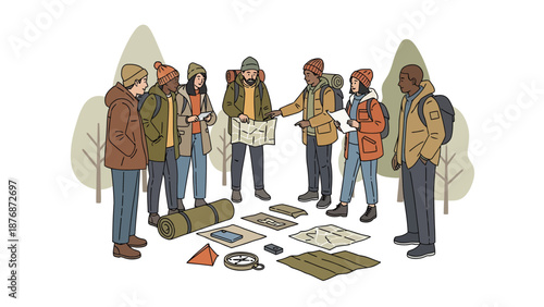 Diverse Group Of Hikers Planning Route With Maps In Forest Together