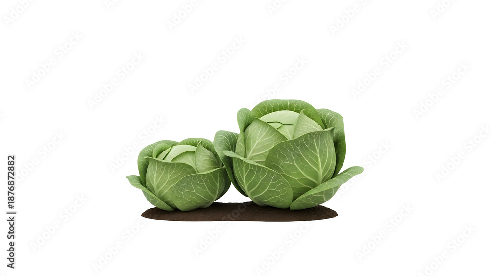 Fototapeta premium Fresh green cabbage heads whole and halved isolated on transparent background