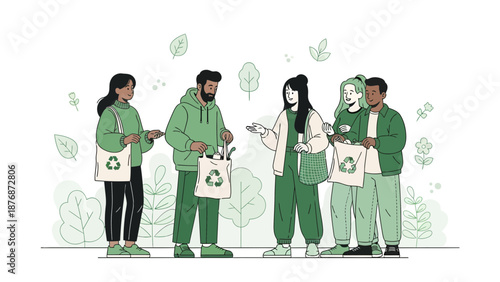 Diverse People Embracing Sustainable Lifestyle With Reusable Bags Illustration
