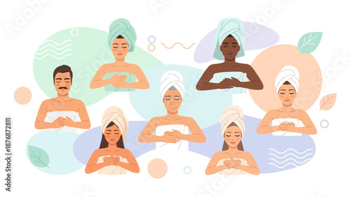 Diverse People Wrapped In Towels After Bathing In Relaxing Meditative Poses