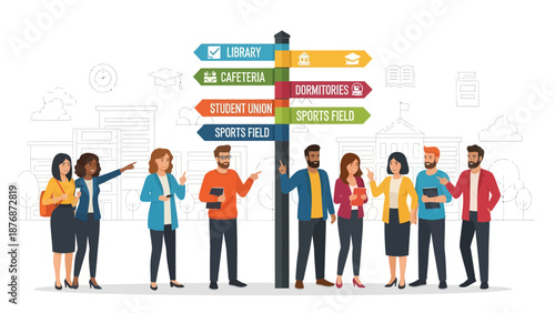 Diverse Students Navigating Campus with Directional Signpost for Modern Higher Education