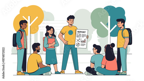 Diverse Students Presenting A Report On Campus During A Study Group Session