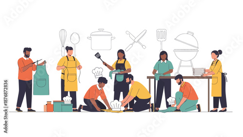 Diverse Team Preparing Food Together In A Commercial Kitchen With BBQ Equipment