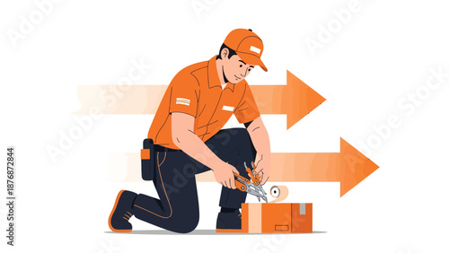 Delivery Express Service Professional Opening A Package With Shipping Arrows