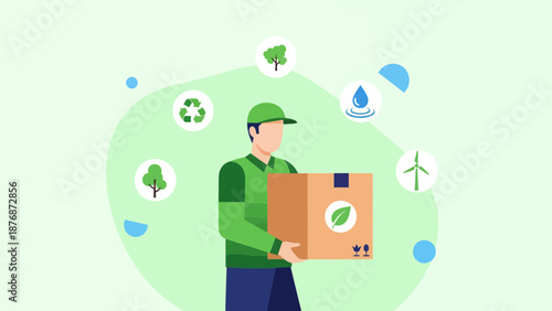 Delivery Man Carrying Eco Friendly Parcel For Green Shipping Services