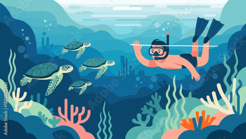 Diving Adventure With Sea Turtles Underwater Exploring Ocean Scene With Marine Life