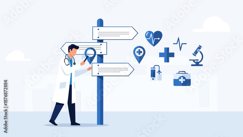 Doctor Investigating Directions On Signpost With Medical Icons In Healthcare Concept