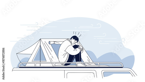 Depressed Man Sitting On A Tent Atop A Car On A Windy Day