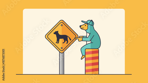 Dog Zone Alert A Friendly Character Sitting Near Animal Safety Street Sign