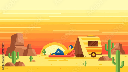 Desert Retreat, Camping And Relaxation, Illustration Of Caravan Vacation Concept