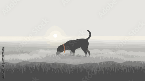 Dog's Journey An Animated Illustration Capturing The Serenity Of A Misty Field At Sunrise