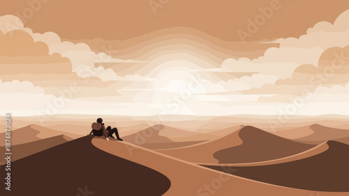 Desert Solitude: Traveler Contemplates the Vast Expanse of Sand Dunes at Sunset
