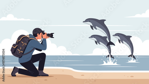 Dolphin Photographer Capturing Marine Life At The Beach On A Sunny Day