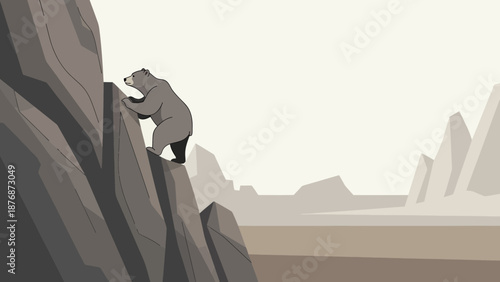 Determined Bear Conquering Rocky Cliffside In A Simplified Mountain Landscape