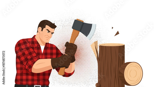 Determined Cartoon Lumberjack Chopping Wood With An Axe In Action Isolated