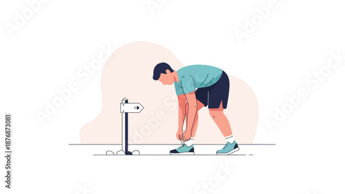 Determined Athlete Lacing Up Shoes Before Race Near Directional Signpost